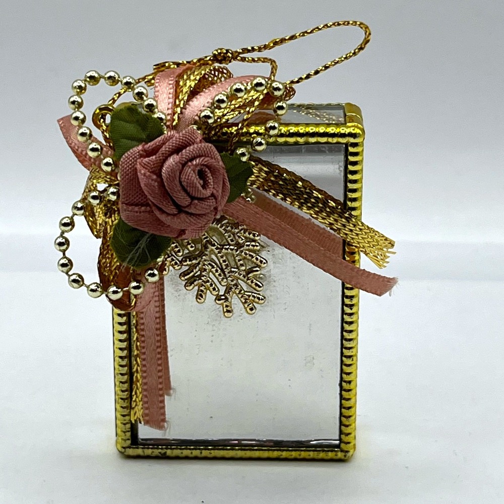 Vintage Mirrored Jewelry Box Gold Tone Trim Pink Fabric Rose Ribbon Trinket Case